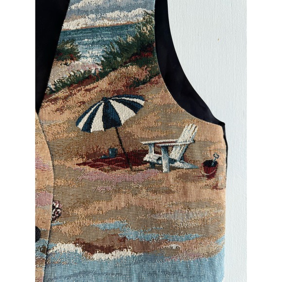 Vintage 90s Tapestry Novelty Vest needlepoint stitched beach chair umbrella ~L - Picture 3 of 7